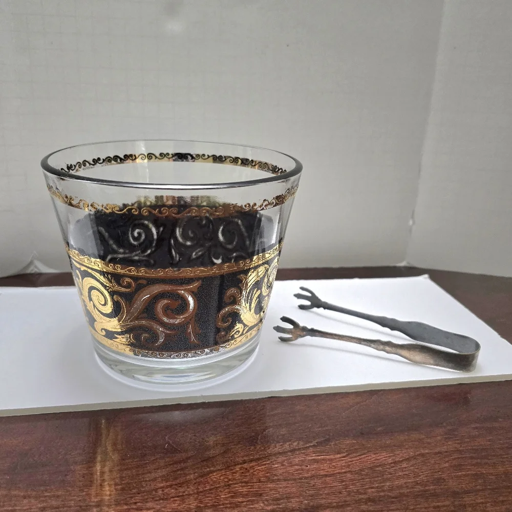 MCM Vintage Culver Ebony Gold Baroque Glass Ice Bucket W/Tongs 4 7/8